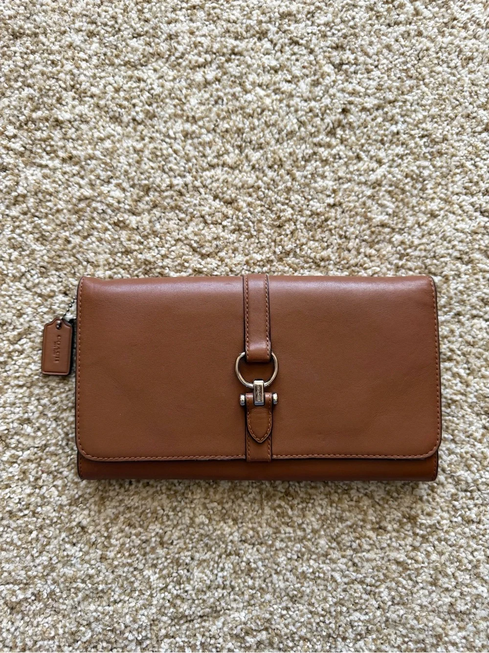 Coach Nomad Crossbody Clutch Wallet in Saddle Brown Leather Silver Chain